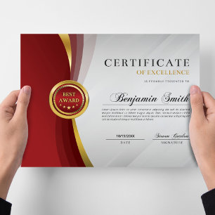 Papier Certificat d'excellence Prix Rouge et Or