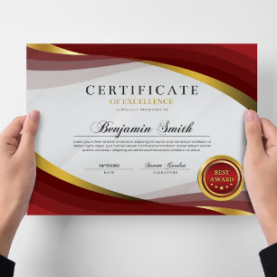 Papier Certificat d'Excellence Prix Rouge et Or
