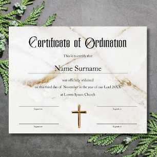 Papier Certificat d'ordination au ministère de l'église