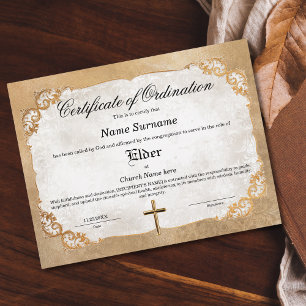 Papier Certificat d'Ordination de l'Église Aînée