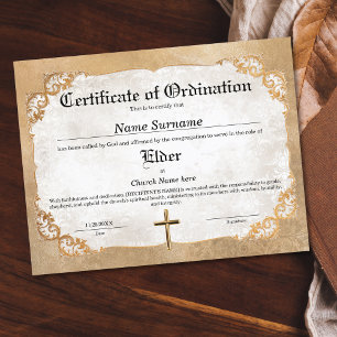 Papier Certificat d'ordination de l'Église des anciens
