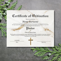 Certificat d'ordination de l'église pastorale