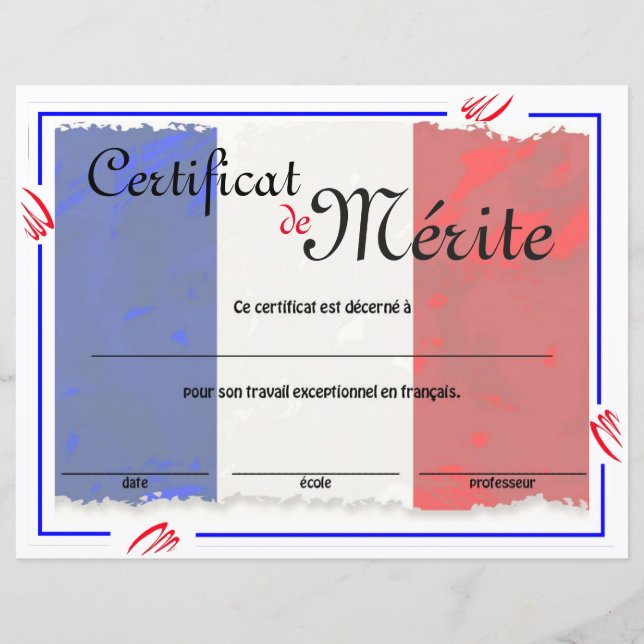 Papier Certificat générique de classe française (Devant)