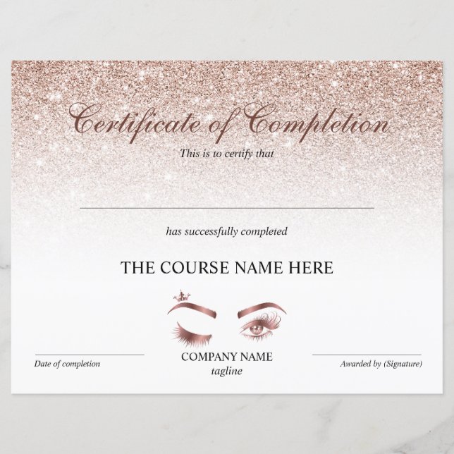 Papier Certificate of Completion Award lashes course (Devant)