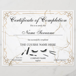 Papier Certificate of Completion Award lashes course