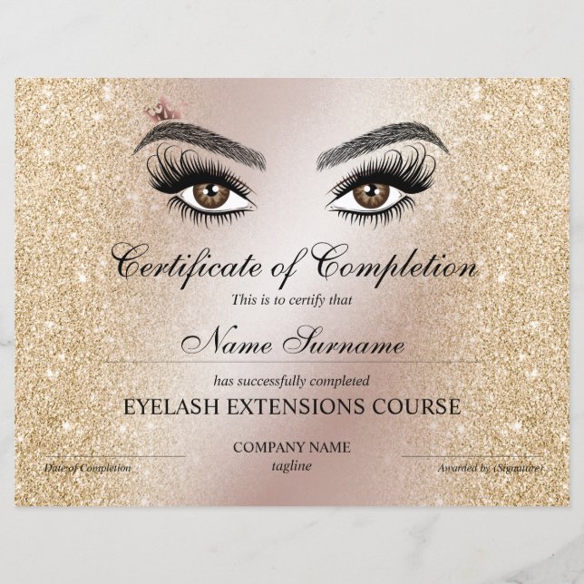 Papier Certificate of Completion Award lashes course (Devant)