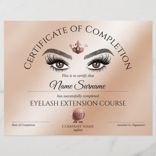 Papier Certificate of Completion Award lashes course (Devant)