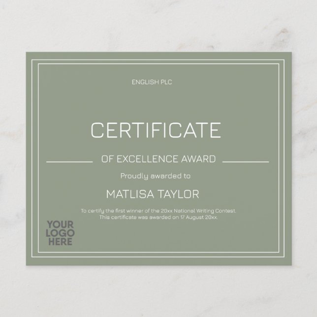 Papier Certificate of Excellence Award Sage Add Logo  (Devant)
