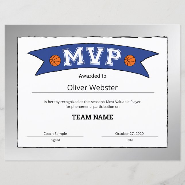 Papier Certificats MVP Lecteur MVP BasketballCertificats (Devant)