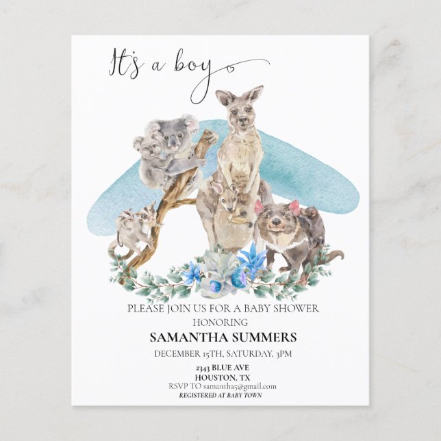 Papier C'est un garçon Baby shower animal australien bleu (Devant)