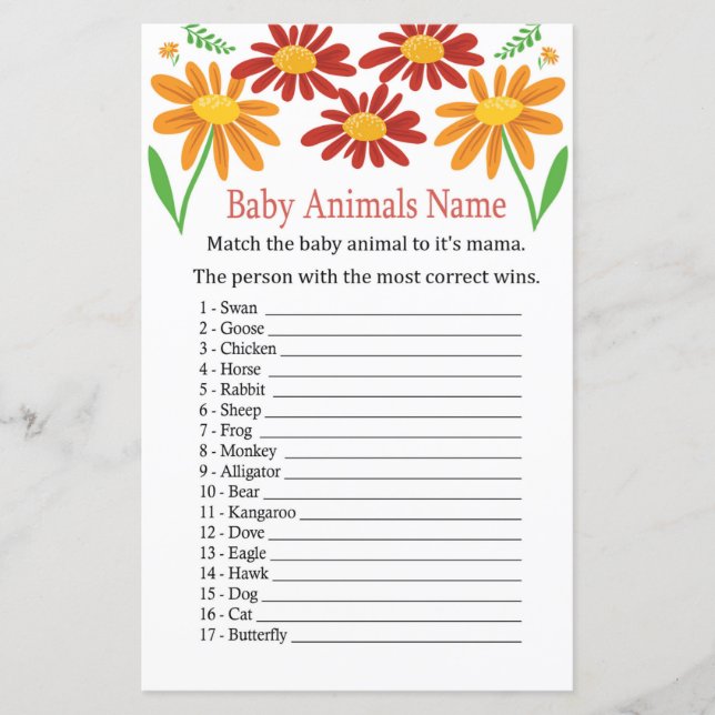 Papier Chamomile Bébé Animaux Nom Jeu (Devant)