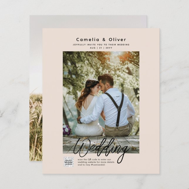 Papier Champagne Blush PHOTO Faire-part de mariage QR Cod (Devant / Derrière)