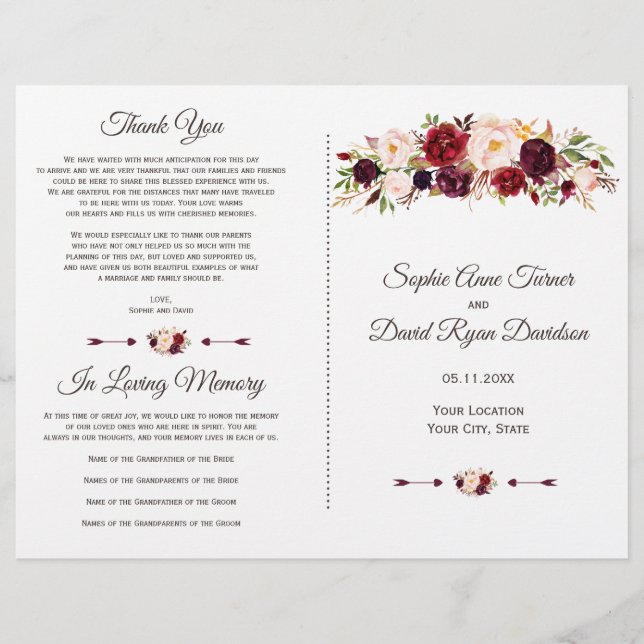 Papier Charm Bourgogne Red Marsala Floral Wedding Program (Devant)