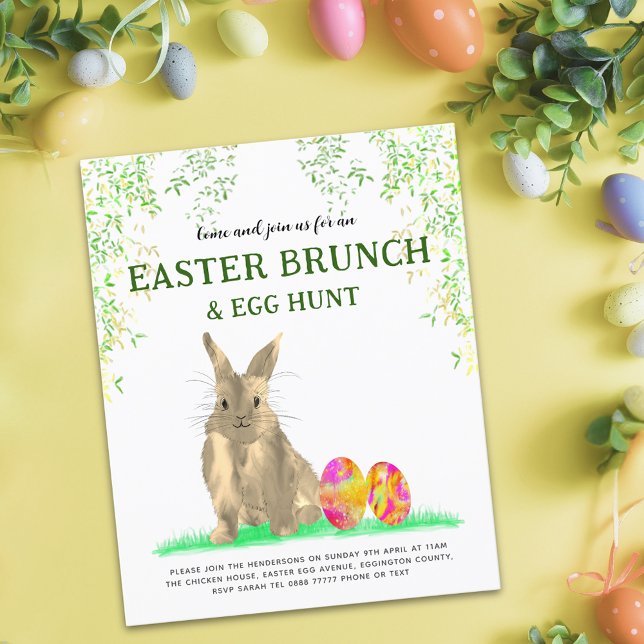 Papier Chasse aux oeufs de lapin de Pâques et Brunch (Easter brunch egg hunt cute bunny watercolor colorful eggs spring garden party budget invitation)