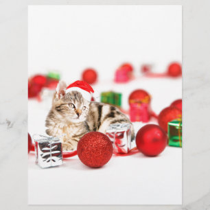 Papier Chat portant un ornement de Noël au chapeau rouge 