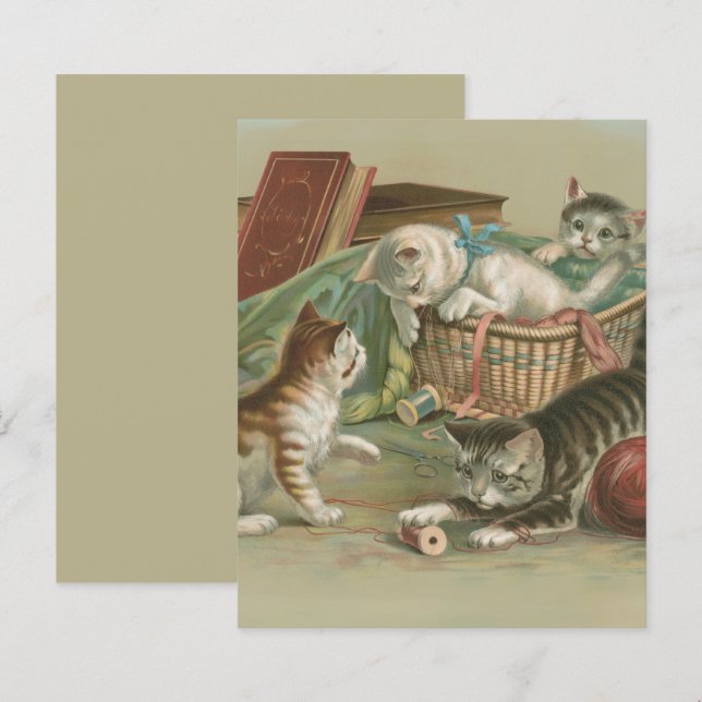 Papier Chatons victoriens vintage jouant dans un panier à (Devant / Derrière)