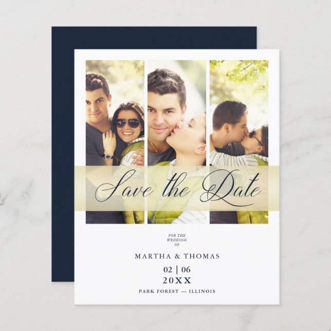 Papier Cheap Navy Trendy 3 Photos Wedding Engagement (Devant / Derrière)