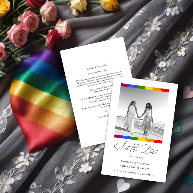 Papier Cheap Pride Rainbow Flag Lesbian Gay Wedding  (Low Cost Pride Rainbow Flag Lesbian Gay Wedding Photo Save the Date. )