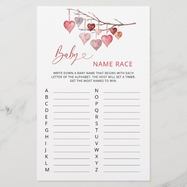 Papier Chérie Valentines Baby Name Race Jeu (Devant)
