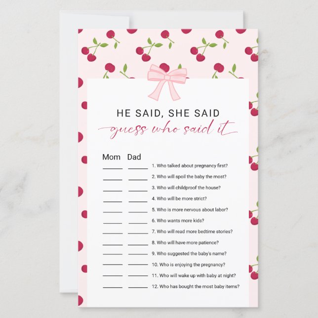 Papier Cherry Baby Shower He Said She Said Game Pink Bow (Devant)