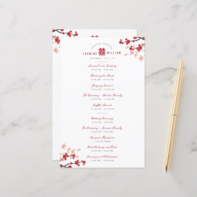 Papier Cherry Blossoms Double Xi Chinese Wedding Programm (Devant/Arrière en situation)