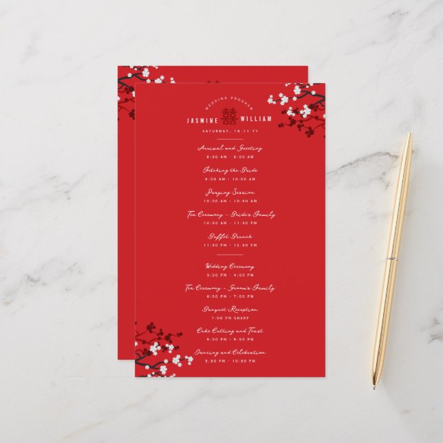 Papier Cherry Blossoms Double Xi Chinese Wedding Programm (Devant/Arrière en situation)