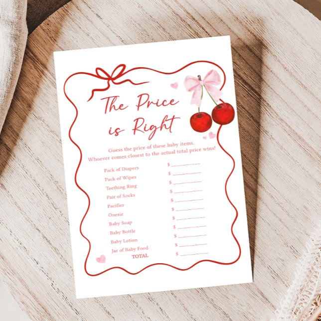 Papier Cherry on Top Pink Bow Shower Price is Right Game (Coquette Cherry on Top Baby Shower Game)