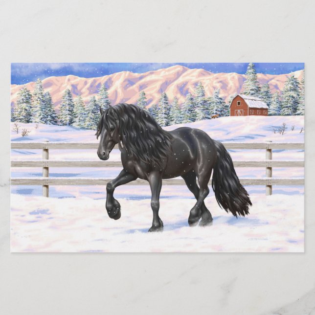 Papier Cheval Noir Friésien En Neige (Devant)