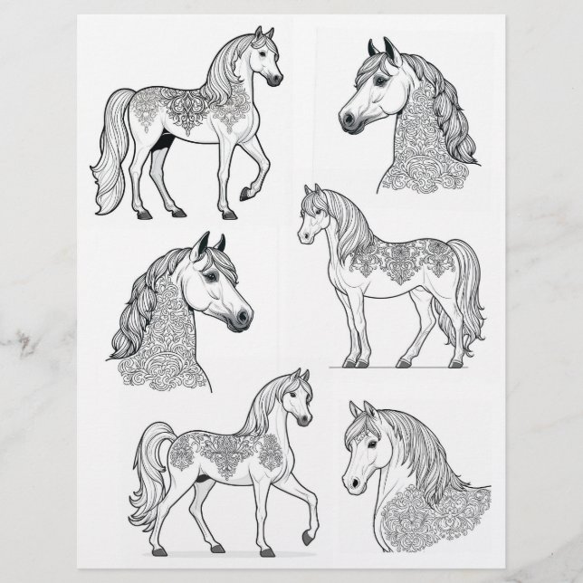 Papier Chevaux tatoués ornementaux B&W Line-Art (Devant)