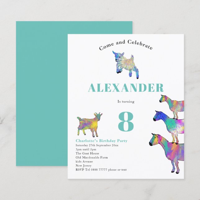 Papier Chèvres colorées Aquarelle fête d'anniversaire (Devant / Derrière)