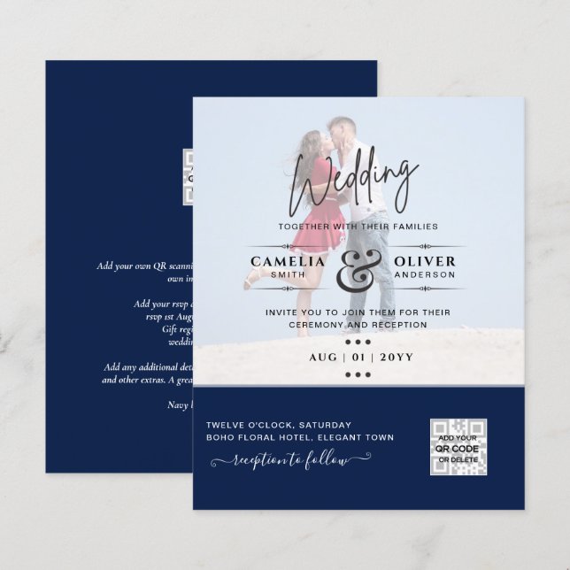 Papier Chic Blue Photo Wedding Inviter QR Code Enregistre (Devant / Derrière)