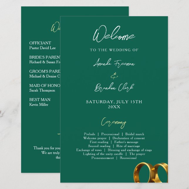 Papier Chic Emerald Green Gold Rings Mariage (Devant / Derrière)