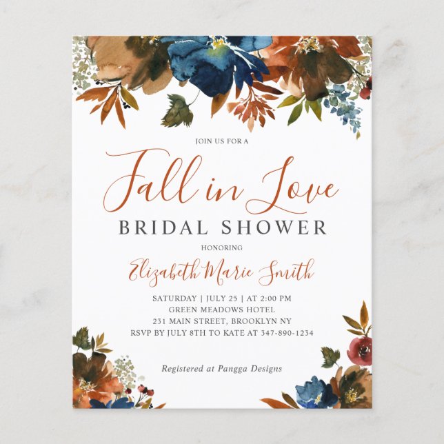 Papier Chic Fall in Love Blue Floral Fête des mariées Inv (Devant)