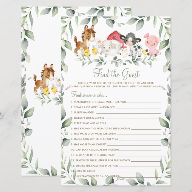 Papier Chic Farm Animaux verdure Trouvez le jeu invité (Devant / Derrière)