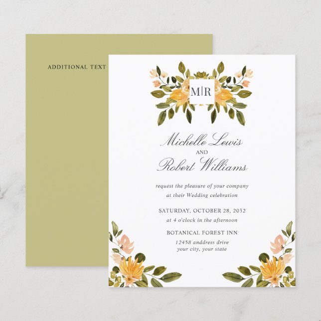 Papier Chic Monogram Jaune Vert Mariage floral (Devant / Derrière)