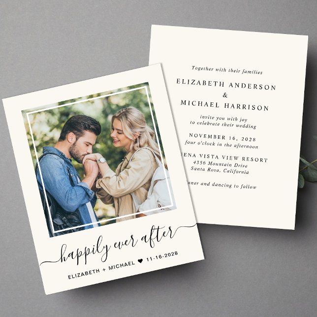 Papier Chic Script Photo Cream Faire-part de mariage (Our user-friendly template allows you to easily upload your photo and create your perfect invitation)