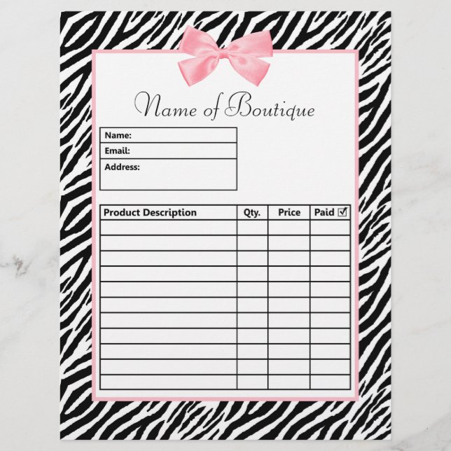 Papier Chic Zebra Print Light True Pink Ruban Order Form (Devant)