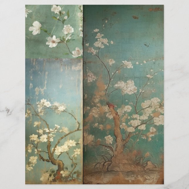 Papier Chinoiserie Vert et Pomme vieilles fleurs 1 (Devant)