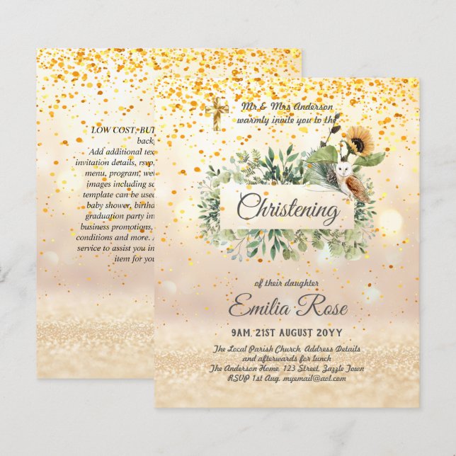 Papier Chouette des bois Tournesol CHRISTENING Baptême In (Devant / Derrière)