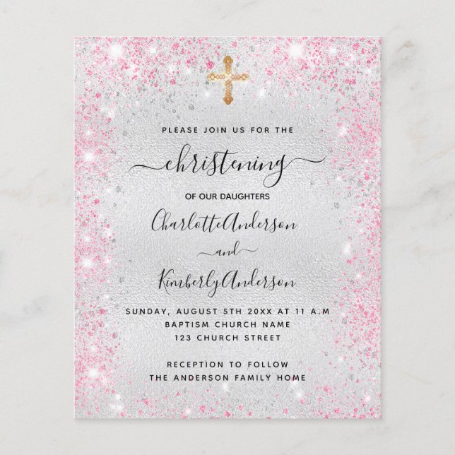 Papier Christening argent rose jumeaux invitation budget (Devant)