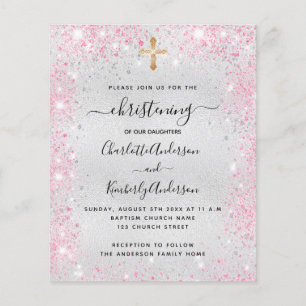 Papier Christening argent rose jumeaux invitation budget