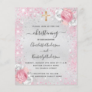 Papier Christening filles argent jumelles invitation budg
