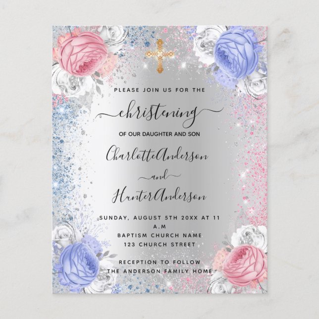 Papier Christening garçon fille bleu rose argent invitati (Devant)