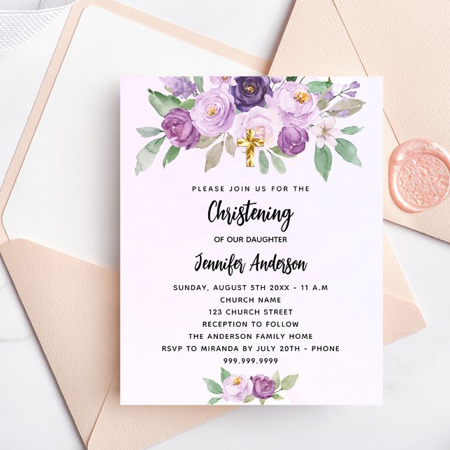 Papier Christening violet fleurs invitation budgétaire (Créateur téléchargé)