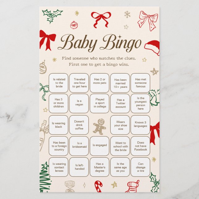 Papier Christmas Baby Shower Find the Guest Bingo Game (Devant)