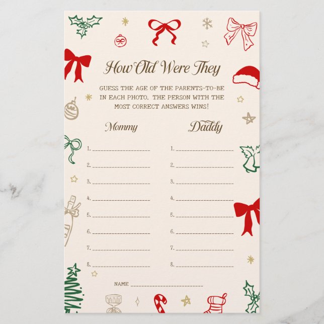 Papier Christmas Baby Shower How Old Were They Game (Devant)