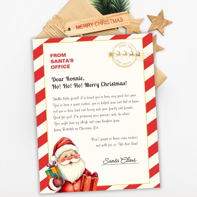 Papier Christmas Letter From Santa From North Pole Office (Personalized Letter from Santa – North Pole Postmark & Candy Cane Border)