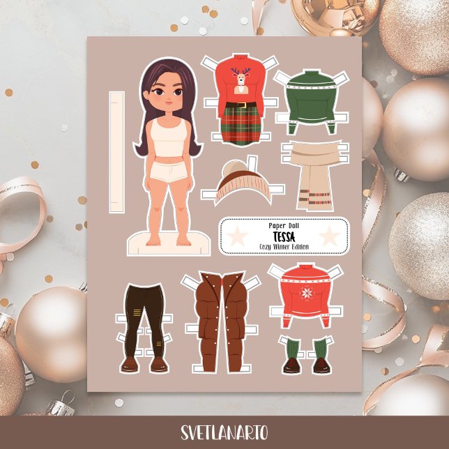 Papier Christmas Paper Doll Brunette Girl Winter Dress (Créateur téléchargé)