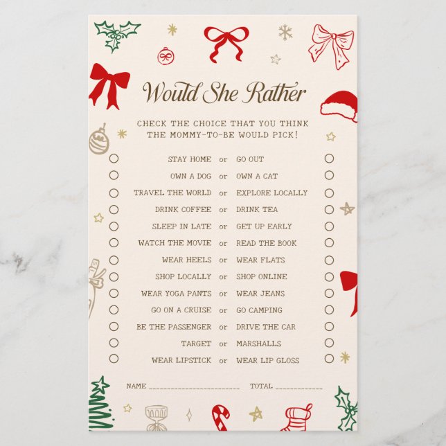 Papier Christmas Santa Baby Shower Would She Rather Game (Devant)