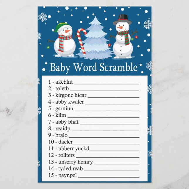 Papier Christmas Snowman Baby jeu de mots scramble (Devant)